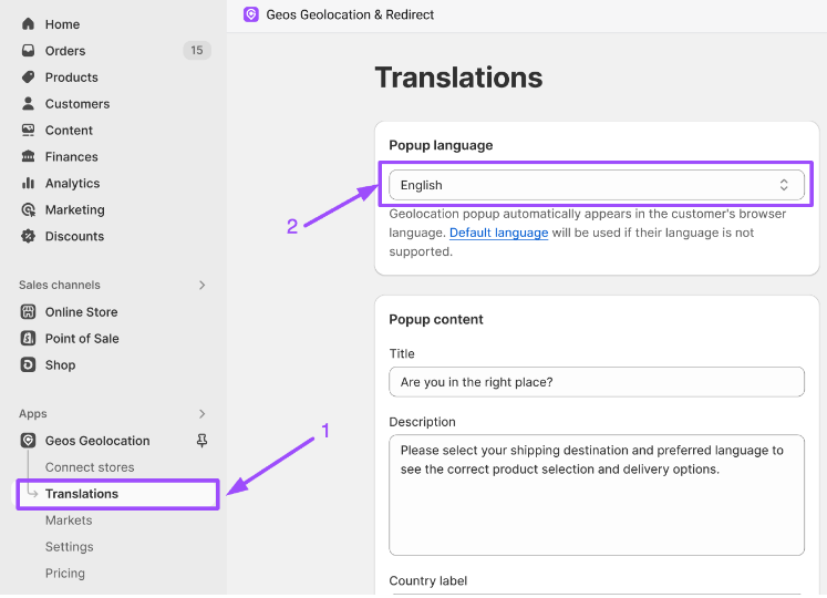 Popup language